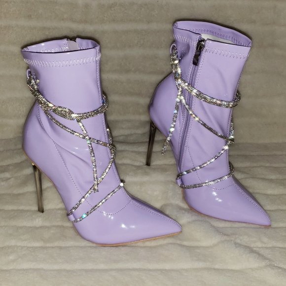 Lilac Purple Stretch Patent High Heel Ankle Boots with Rhinestone Straps - Picture 12 of 14
